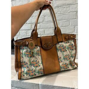 FOSSIL Vintage Reissue Weekender Canvas Embroider Brown Leather Shoulder Handbag